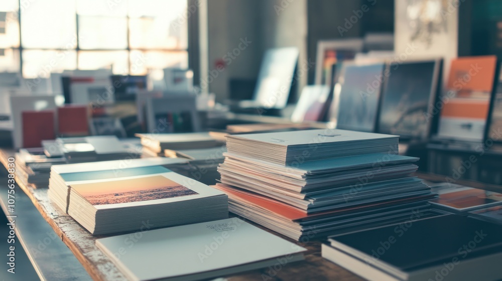 Fototapeta premium Stacked books on a wooden table in a bookstore.