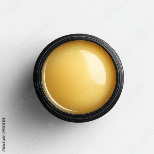 Round lip balm in black container on plain white background