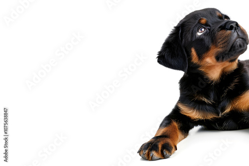 Portrait of a rottweiler puppy lying on a white background