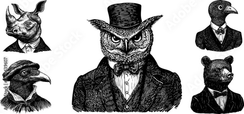 Vintage animal character set featuring owl, rhinoceros, pigeon, raven, and bear in vintage costumes. Retro, handdrawn vector illustrations with woodcut style.