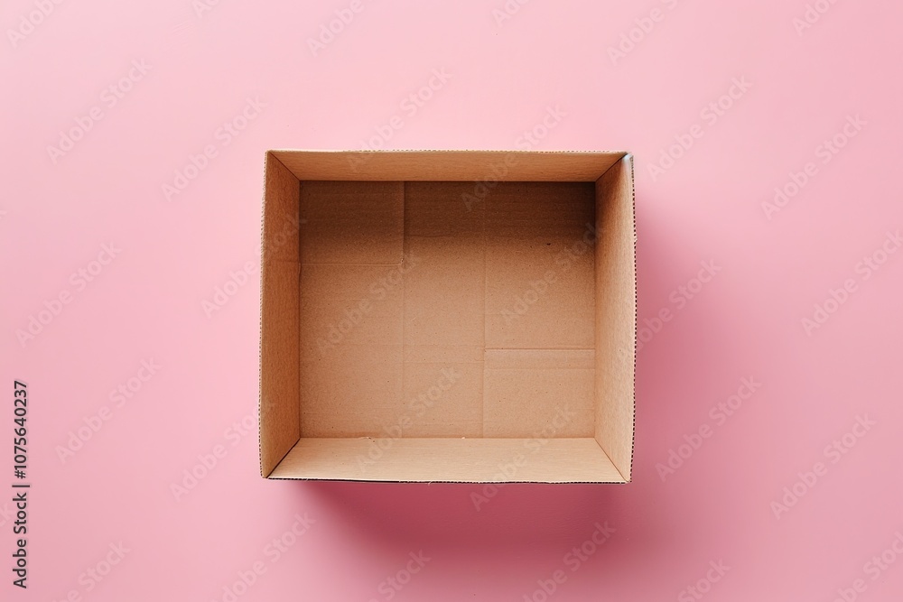 Empty cardboard box on pink background. Top view, flat lay, Ai Generated