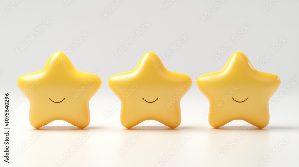 Three cute yellow stars with smiling faces against white background