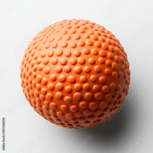 Textured orange rubber dog ball on white background