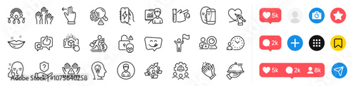 Fingerprint, Person and Leadership line icons pack. Social media icons. Clapping hands, Inclusion, Yummy smile web icon. Social care, Protection shield, Salary pictogram. Vector
