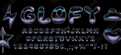 3d glass holographic font in Y2K style. Inflated balloon bubble letters and numbers with glossy, translucent surface. Isolated vector for 2000s typography, modern font design, and creative projects