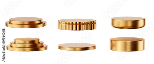 Gold podium set pack isolated background 3d rendering	
