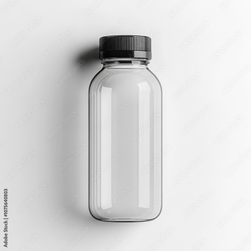 Fototapeta premium Transparent small animal water bottle with black lid isolated on white background