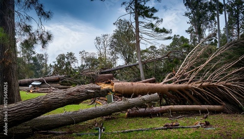 fallen tree and branches from hurricane damage