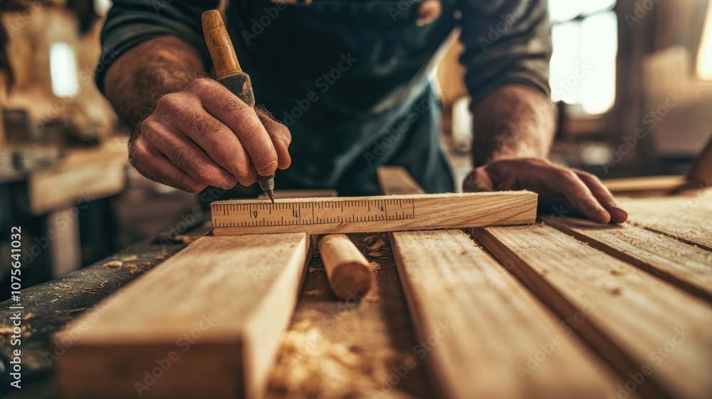 A carpenter marks a piece of wood with a pencil and ruler. A carpenter marks a piece of wood with a pencil and ruler.