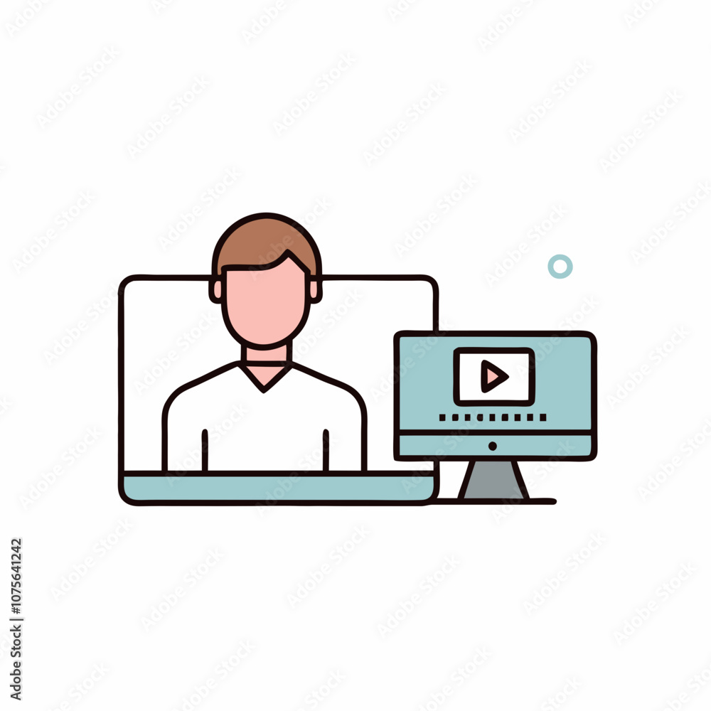 A man is sitting in front of a computer monitor with a video playing. Concept of technology and communication, as well as the importance of staying connected with others A man is sitting in front of a computer monitor with a video playing. Concept of technology and communication, as well as the importance of staying connected with others