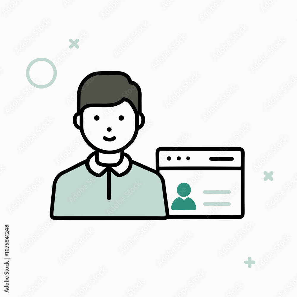 A man is smiling and holding a computer screen with a person's photo on it. Concept of connection and communication between people through technology A man is smiling and holding a computer screen with a person's photo on it. Concept of connection and communication between people through technology