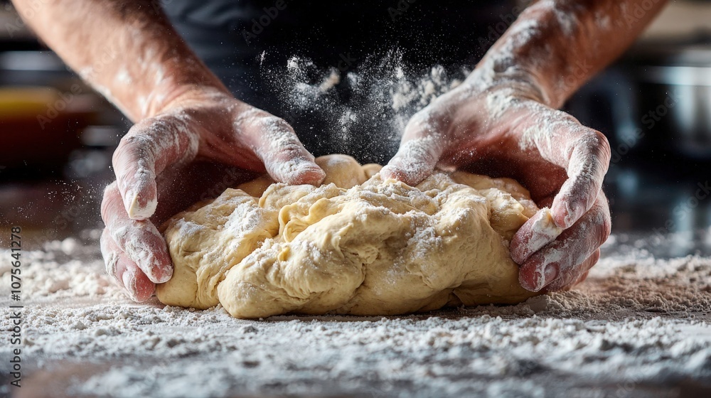 Kneading dough with floured hands on a wooden surface in a cozy kitchen Kneading dough with floured hands on a wooden surface in a cozy kitchen