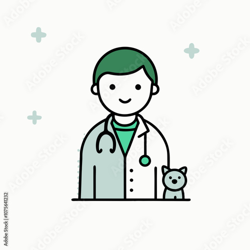 A cartoon doctor is smiling at a cat. The cat is sitting on the doctor's lap. The doctor is wearing a white coat and a stethoscope