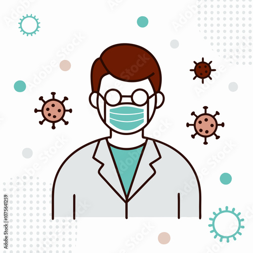 A man wearing a mask and glasses is standing in front of a background of germs. Concept of staying safe and healthy during a pandemic