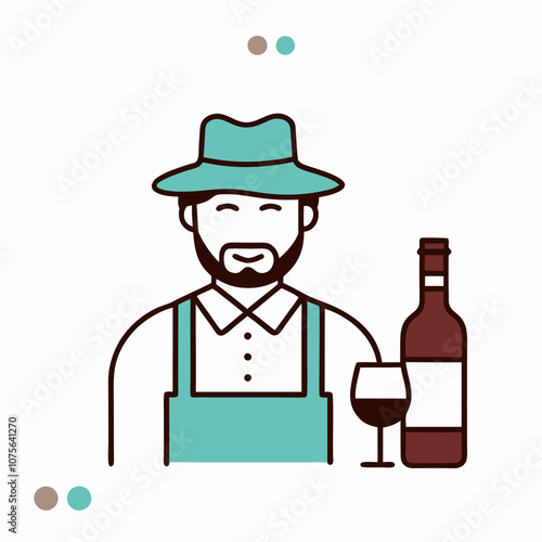 A man in a hat and apron holding a wine bottle and a wine glass. The man is smiling and he is a wine connoisseur