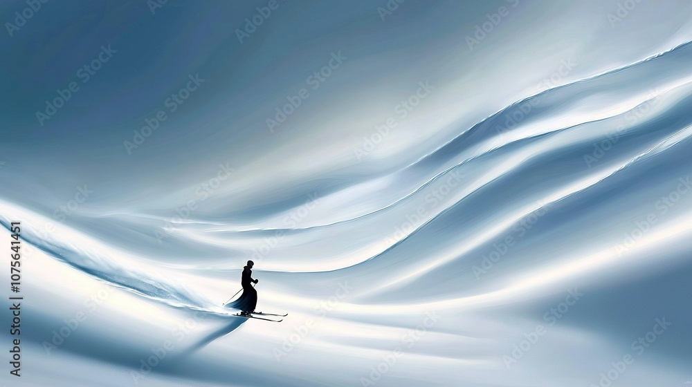 A person stands alone on a snowy field before a towering mountain A person stands alone on a snowy field before a towering mountain