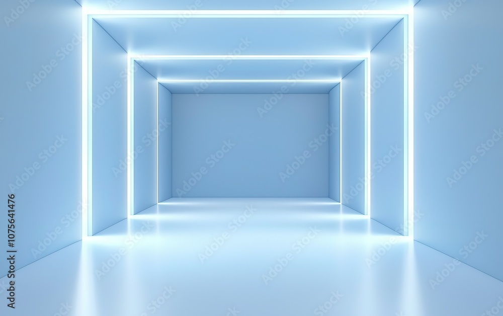 Bright blue interior space with modern geometric lines in futuristic design concept for creative uses