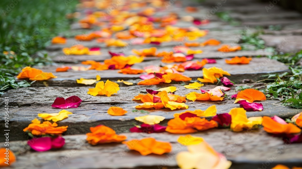 A path lined with colorful flower petals, perfect for a romantic wedding ceremony. A path lined with colorful flower petals, perfect for a romantic wedding ceremony.