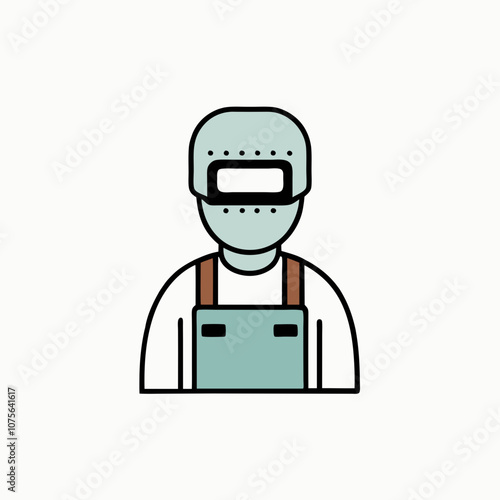 A man in a blue apron with a mask on his face. He is wearing a blue apron and a mask