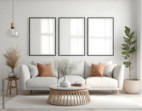 Three vertical ISO A2 frame mockup, reflective glass, mockup poster on the wall of living room. Interior mockup. Apartment background. Modern Scandinavian Bohemian interior design. 3D render photo