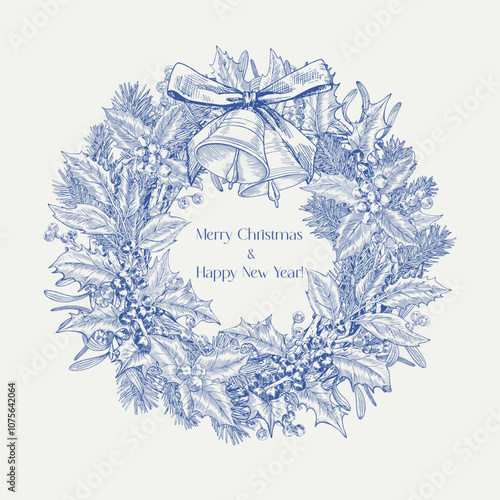 Toile Christmas wreath with fir branches holly bells bow mistletoe berries. Blue beige. Vector vintage botanical illustration. Hand drawn elements. Background for design greeting card, holiday decor