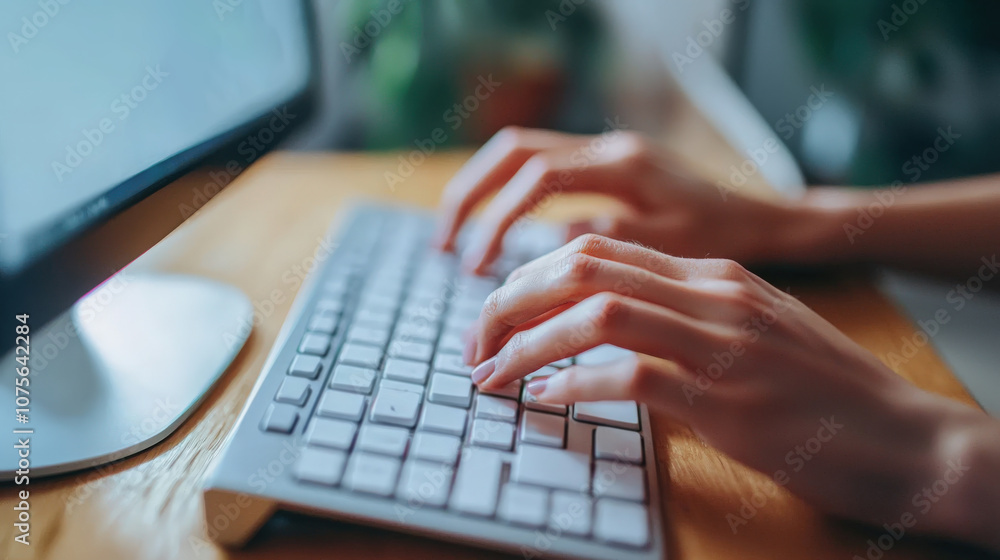 A person typing on a keyboard at a wooden desk during early morning hours A person typing on a keyboard at a wooden desk during early morning hours