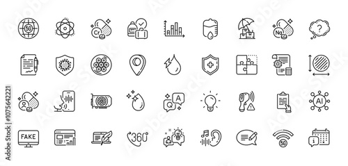 Calendar, Atom and Clipboard line icons pack. AI, Question and Answer, Map pin icons. Voicemail, Diagram graph, Fake news web icon. Sodium mineral, 5g wifi, Medical shield pictogram. Vector