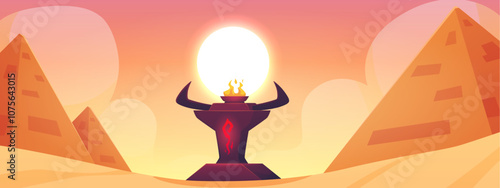 Desert landscape with sand dunes, Egyptian pyramids and ancient stone altar with horns and flame, vector game background
