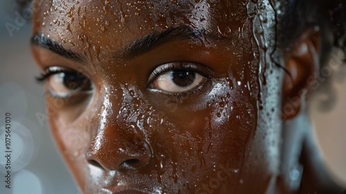 A closeup of a dancers sweaty face showing the physical exertion and emotion put into a routine.