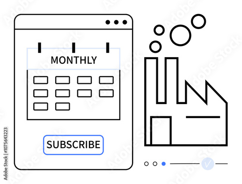 Monthly calendar page with Subscribe button next to factory outline emitting bubbles. Ideal for subscription services, manufacturing schedules, industrial planning, monthly reminders, online