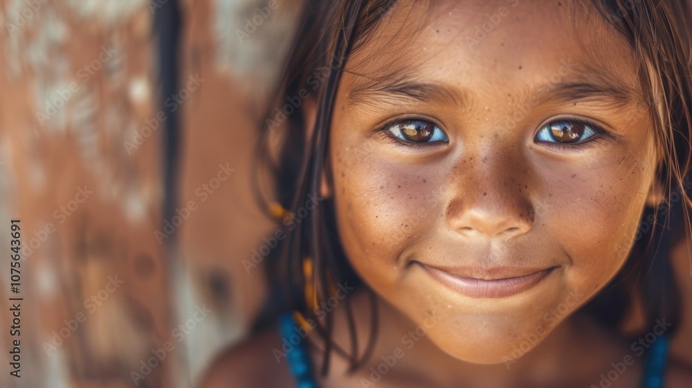 A young Native American girl beams with happiness in traditional attire, radiating joy and warmth in a minimalist setting A young Native American girl beams with happiness in traditional attire, radiating joy and warmth in a minimalist setting