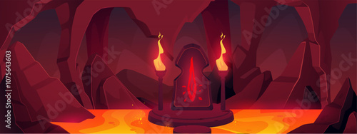 Fantasy landscape with ancient stone altar and burning torches, blazing liquid magma in cave, vector game background