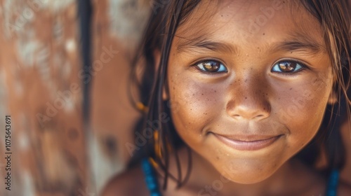 A young Native American girl beams with happiness in traditional attire, radiating joy and warmth in a minimalist setting