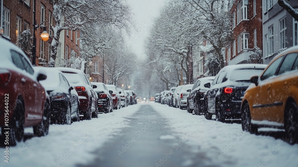 Naklejka premium A snow-covered street lined with parked cars in a residential neighborhood.