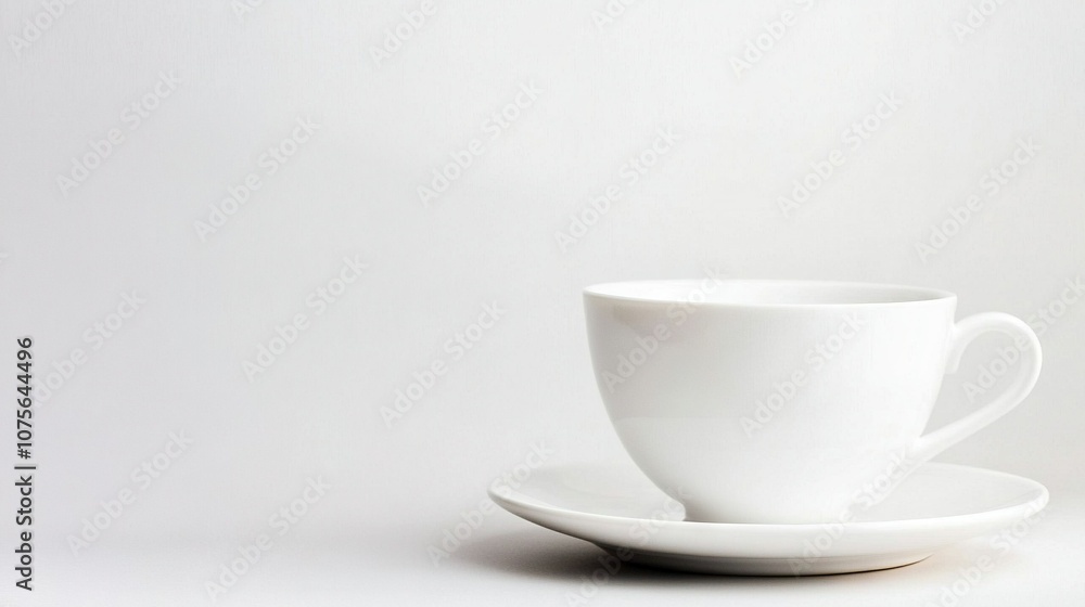 A white cup sits atop three stacked saucers on a white surface A white cup sits atop three stacked saucers on a white surface