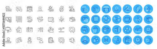 Food delivery, Sale bags and Clean bubbles line icons pack. Accounting report, Users chat, Hypoallergenic tested web icon. Auction hammer, Notification, Clock pictogram. Winner podium. Vector