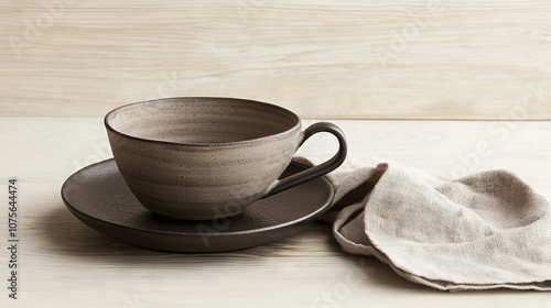   A cup and saucer sit on a table with a napkin beside it photo