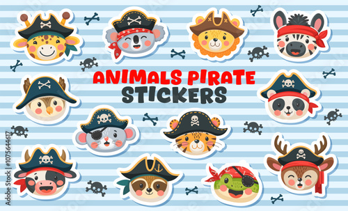 Cartoon animal pirates, filibusters and corsairs characters stickers pack. Vector personages of cute tiger, giraffe, lion and bear animal pirate captains and sailors with hats, eye patches and bandana