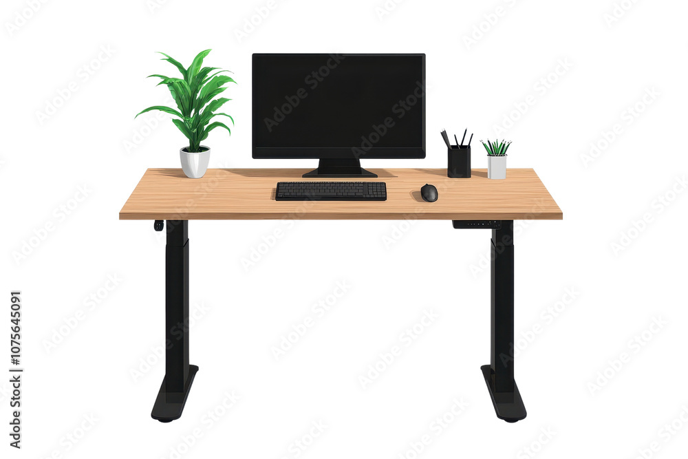 A modern desk setup featuring a computer monitor, keyboard, mouse, and decorative plants for a stylish workspace. A modern desk setup featuring a computer monitor, keyboard, mouse, and decorative plants for a stylish workspace.