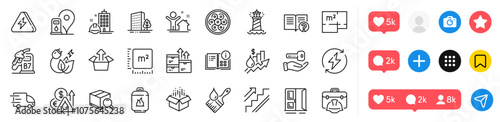 Diesel station, Open door and Square meter line icons pack. Social media icons. Wholesale goods, Brush, Search package web icon. Buildings, Petrol station, New house pictogram. Vector