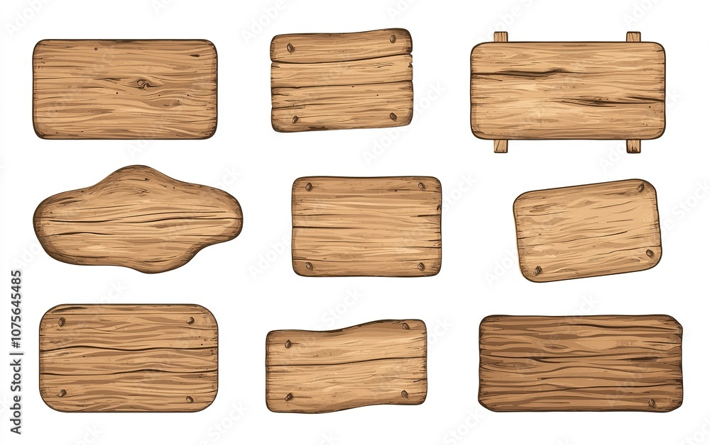 Variety of wooden sign boards with different shapes and textures designed for various uses in crafts and signage Variety of wooden sign boards with different shapes and textures designed for various uses in crafts and signage