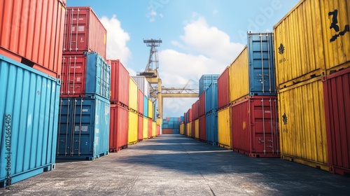 Rows of colorful shipping containers in a port.