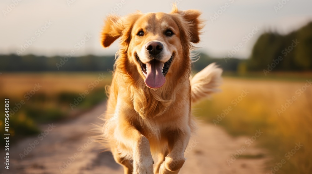 Playful golden retriever dog joyfully running and jumping in midair for pet themed designs Playful golden retriever dog joyfully running and jumping in midair for pet themed designs