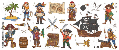 Cartoon groovy pirate and corsair characters with piracy ship, treasure map and chest. Funny psychedelic pirate captain, hippie corsair and groovy filibuster, black hats, eye patches, swords and rum
