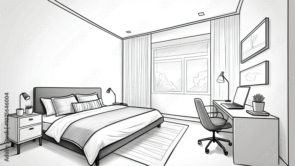 Sketch of a small bedroom with a dedicated workspace for efficient home zoning. Sketch of a small bedroom with a dedicated workspace for efficient home zoning.