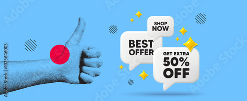 Hand showing thumb up like sign. Get Extra 50 percent off Sale. Discount offer price sign. Special offer symbol. Save 50 percentages. Extra discount chat 3d speech bubble. Grain dots hand. Vector