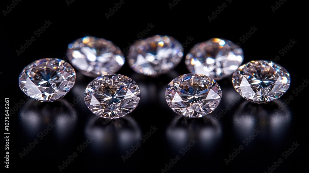 Seven sparkling diamonds arranged in a circle on a black background. Seven sparkling diamonds arranged in a circle on a black background.