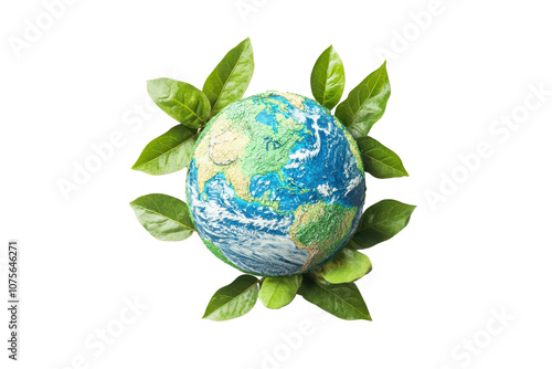 A globe surrounded by green leaves, symbolizing environmental awareness and the connection between Earth and nature.