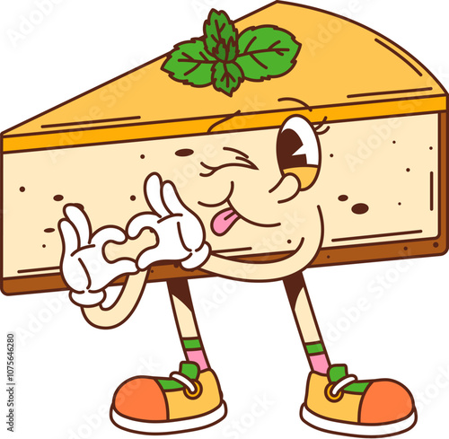 Groovy cheesecake character. Restaurant sweet food cheerful cartoon character, cafe pastry or holiday dessert comical isolated personage. Cheesecake piece cute groovy mascot shoving heart with hands