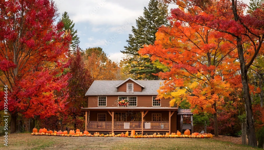 A cozy cabin is surrounded by vibrant autumn hues, featuring a porch decorated with pumpkin_1(152) A cozy cabin is surrounded by vibrant autumn hues, featuring a porch decorated with pumpkin_1(152)